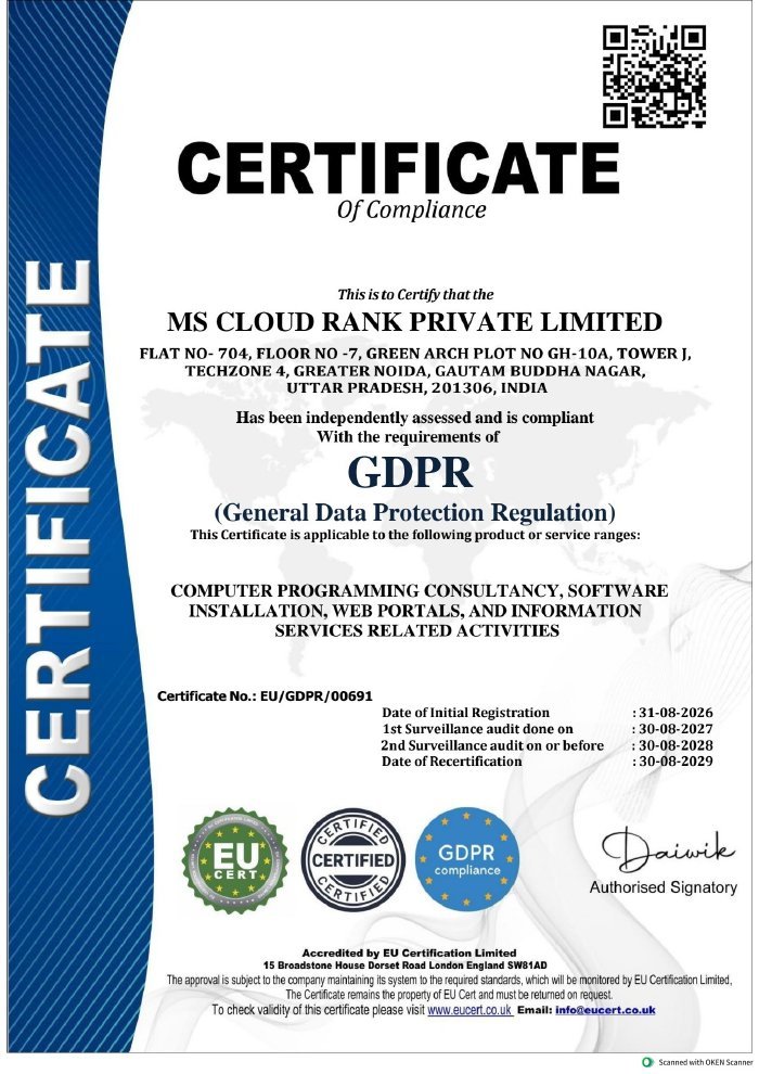 GDPR Certificate of Compliance issued to Cloud Rank by EU Certification Limited